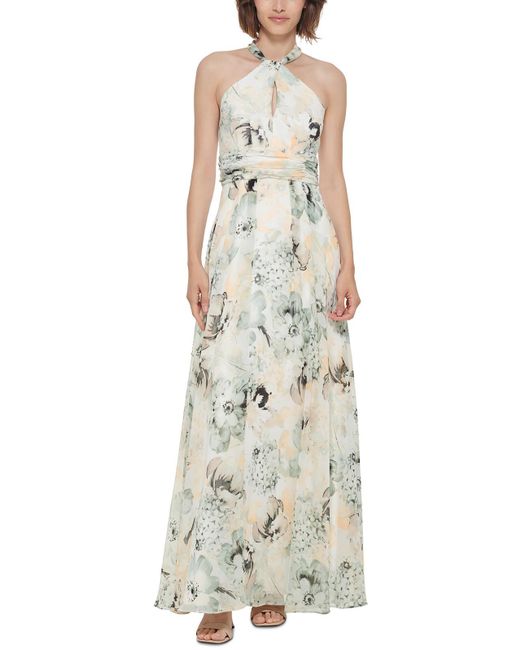 Calvin Klein White Chiffon Floral Evening Dress