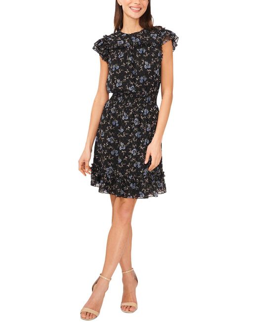 Cece Black Floral Print Flutter Sleeve Fit & Flare Dress
