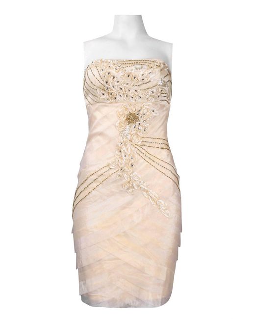 Sue Wong Natural Strapless Ribbon Applique Beaded Dress