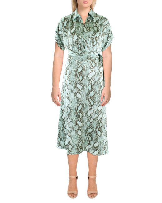 Lauren by Ralph Lauren Green Satin Snake Print Midi Dress
