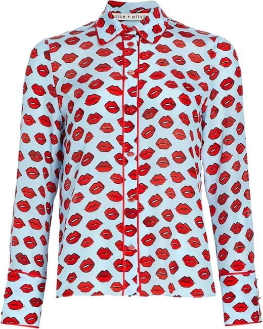 Alice + Olivia Red Alice + Olivia Willa Plkt Top Blouse W Piping Kiss Kiss Blue