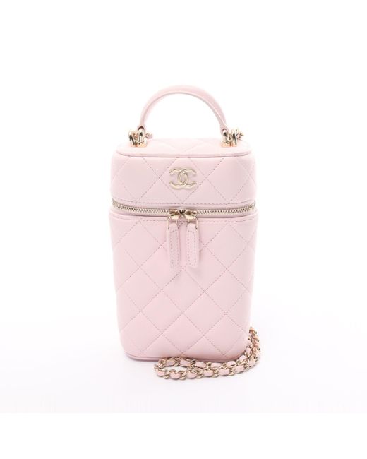 Chanel Pink Matelasse Vanity Phone Case Chain Shoulder Bag Lambskin Light Gold Hardware 2way