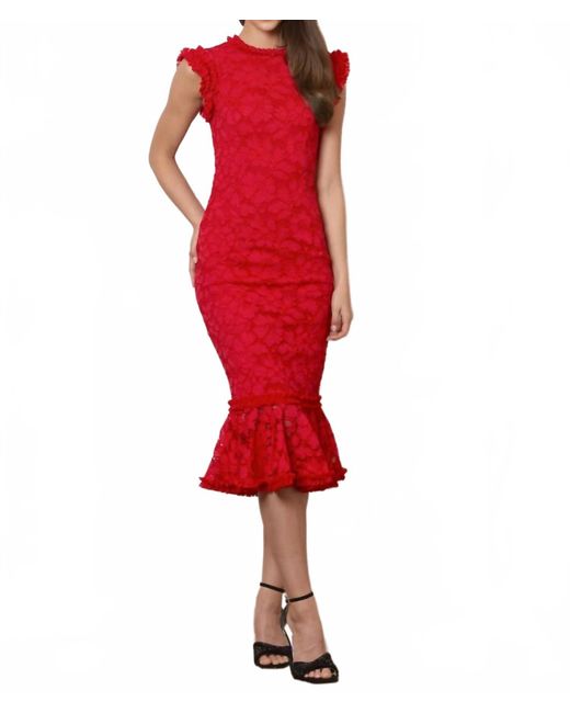 knee length dresses for ladies Red guipure dress with mermaid crêpe skirt main image 0