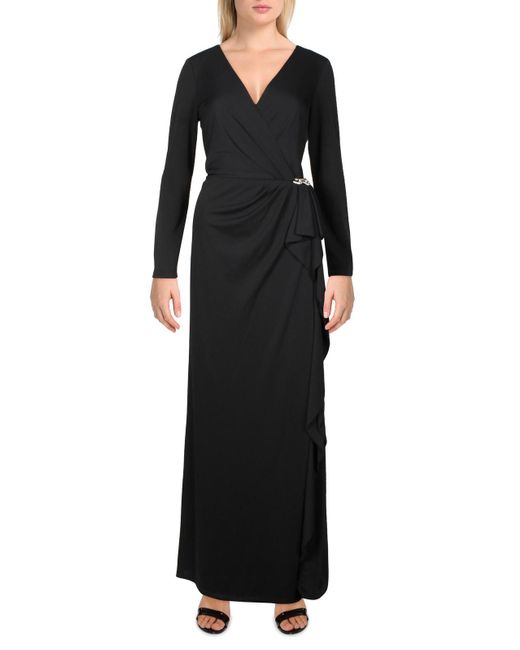 Lauren by Ralph Lauren Black Cascade Ruffle Long Evening Dress