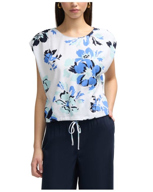 Ellen Tracy Blue Linen Blend Top With Drawstring