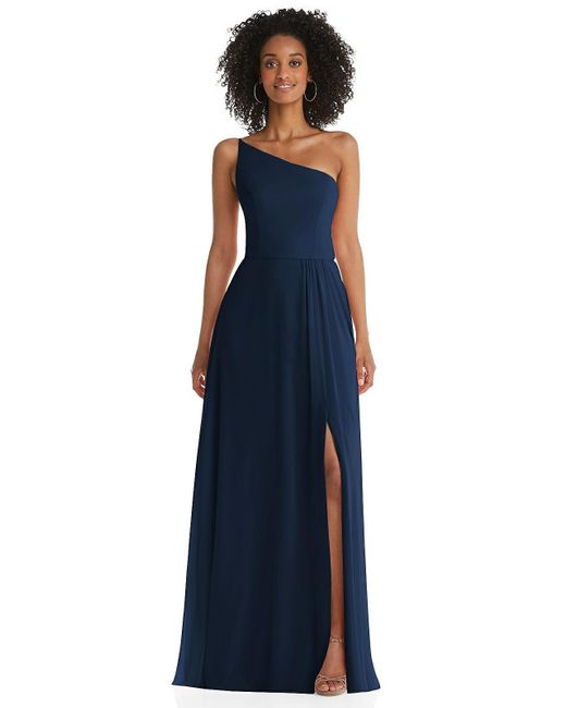 After Six Blue One-shoulder Chiffon Maxi Dress With Shirred Front Slit