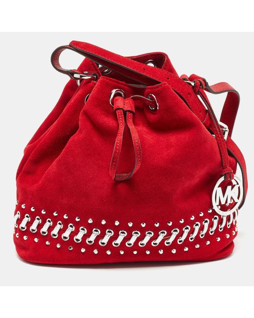 Michael Kors Red Suede And Leather Frankie Drawstring Bag