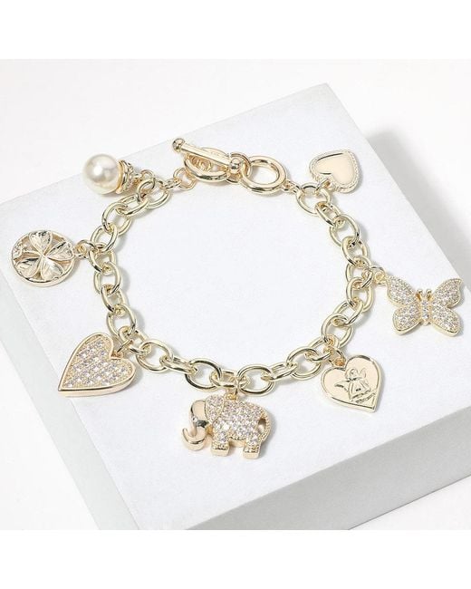 Fashnzfab Metallic 14K Plated Cz Stone Paved Elephant Heart Butterfly Heart Clover Pearl Charm Station Bracelet