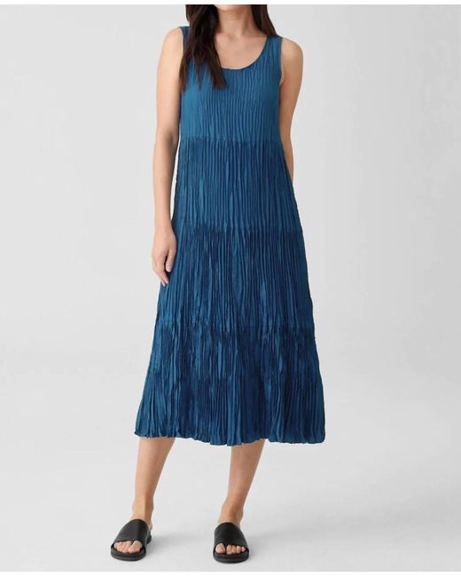 Eileen Fisher Blue Crushed Silk Tiered Dress In Atlantis
