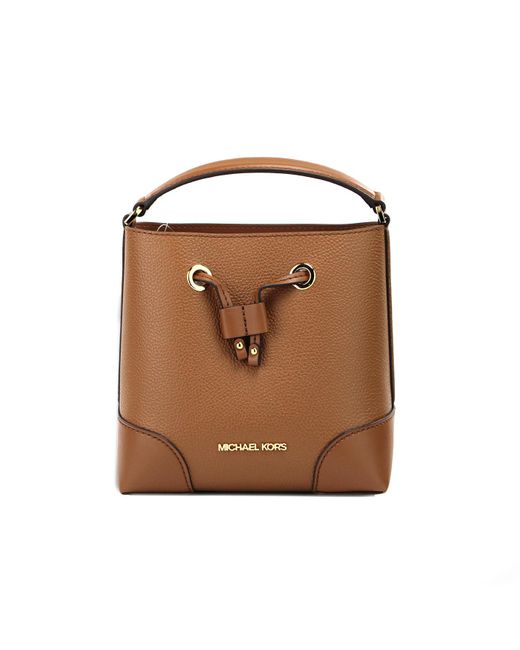 Michael Kors Brown Mercer Small luggage Pebbled Leather Bucket Crossbody Bag Purse