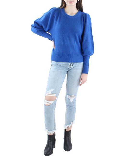 Cece Blue Ribbed Puff Sleeve Pullover Sweater