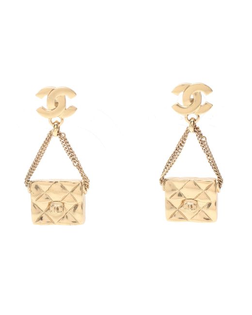 Chanel Metallic Matelasse Bag Earrings Gp Gold Swing 02p