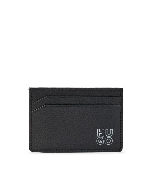 HUGO Black Grained-leather Card Holder With Stacked Logo for men