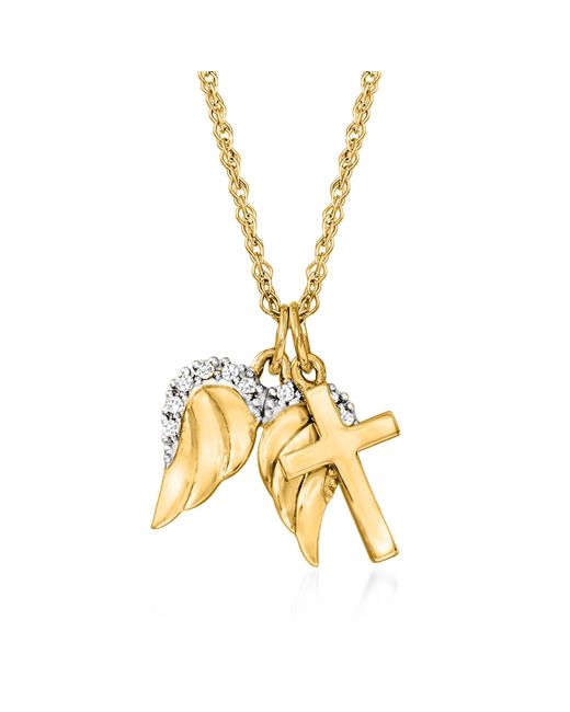Ross-Simons Metallic 14kt Yellow Gold Cross And Angel Wings Pendant Necklace