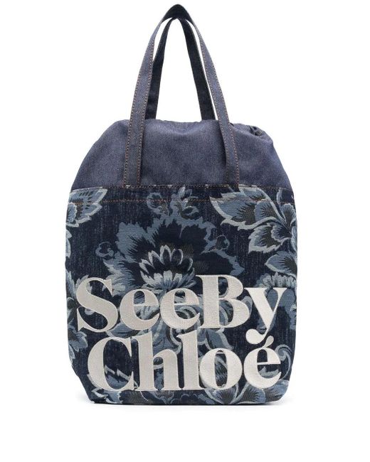 See By Chloé Blue Essential Floral Canvas Tote Handbag