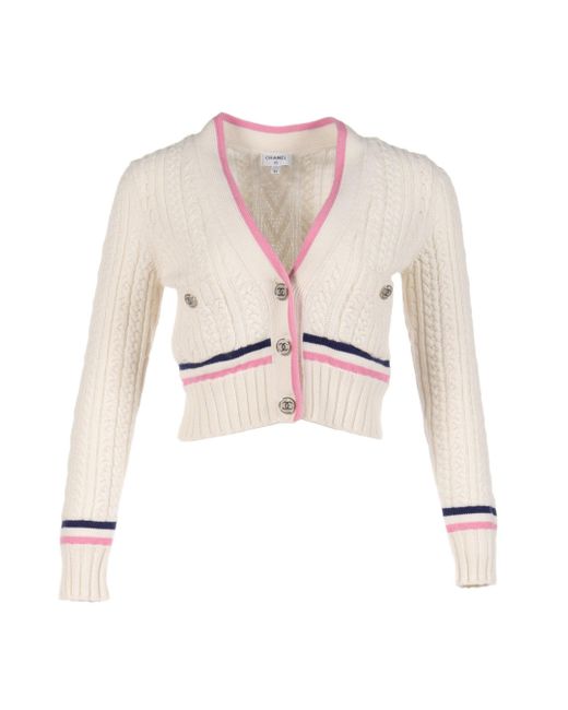Chanel Natural Cocomark Button Cropped Cardigan Cashmere Offpink Navy