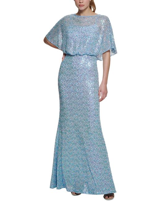 Vince Camuto Blue Petites Sequined Long Evening Dress