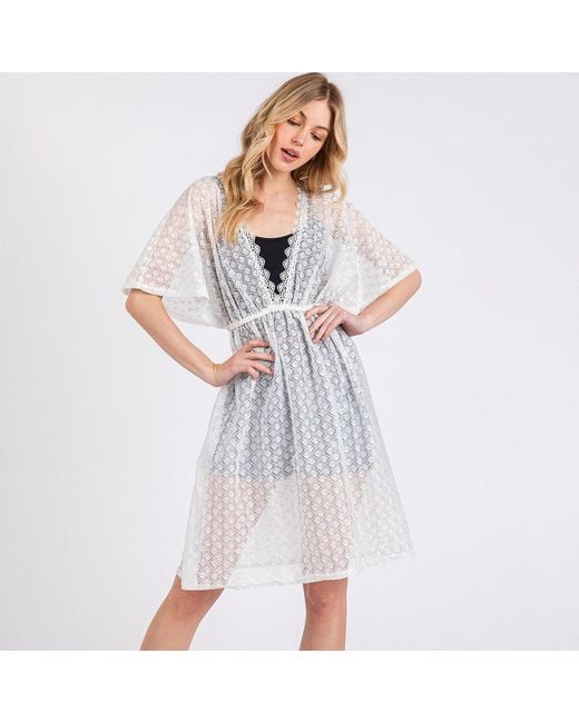 TRUEDAMES Blue V Neck Detailed Crochet Lace Cover Up Poncho