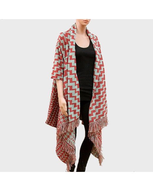 TRUEDAMES Women's Red Draped Chevron Pattern Half Sleeve Knit Cardigan With Fringe