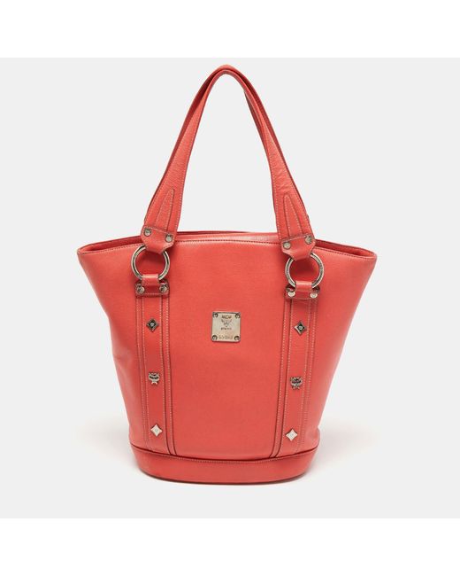 MCM Red Pebbled Leather Studded Tote