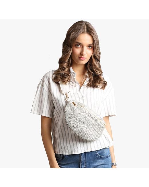 Fashnzfab White Solid Embroidered Crossbody Belt Bag Sling Bag Fanny Pack