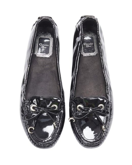 Dior Black Patent Silver Cd Charm Bow Flat Loafer