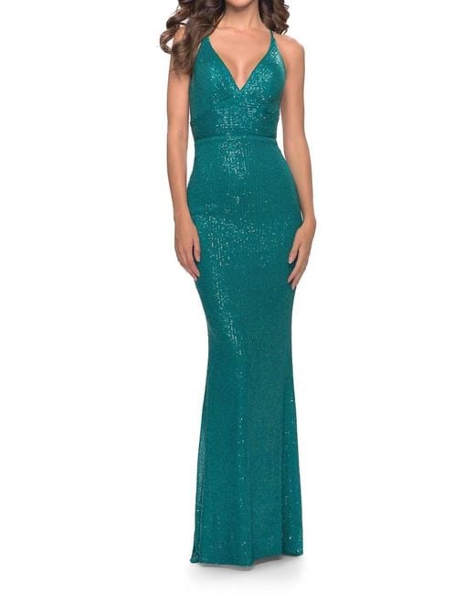 La Femme Green Dazzling Plunging V-Neck Sequined Gown