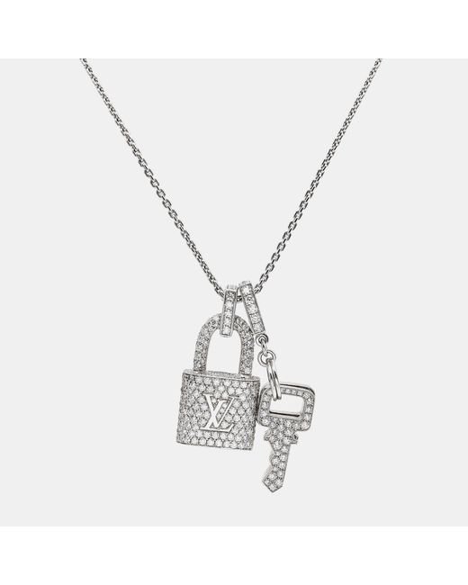 Louis Vuitton Metallic Lock It Key Padlock Diamonds 18k White Gold Pendant Necklace