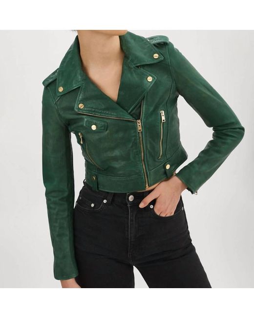 Lamarque Green Ciara Leather Crop Biker Jacket