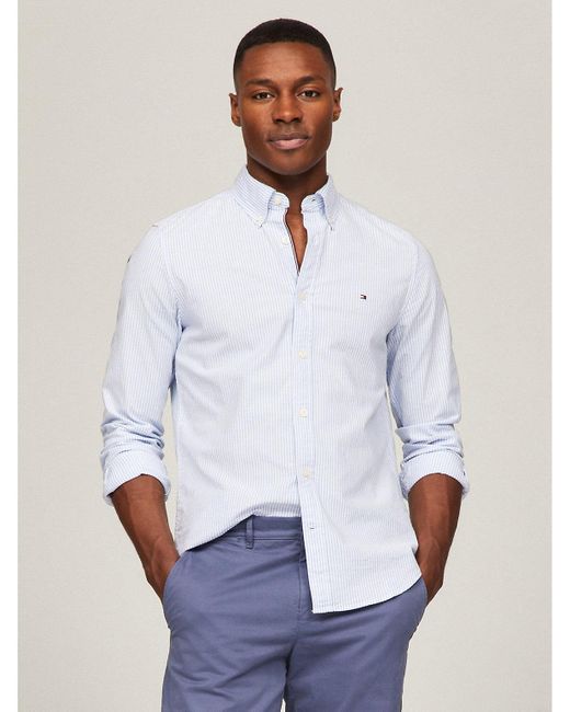 Tommy Hilfiger White Regular Fit Stripe Stretch Oxford Shirt for men