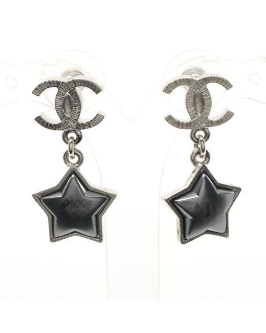 Chanel Metallic Coco Mark Earrings Silver Dark Swing A17b