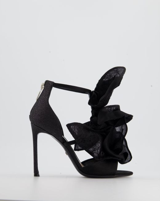 Dior Black Satin And Lace Appliqué Evening Ankle Strap Heels