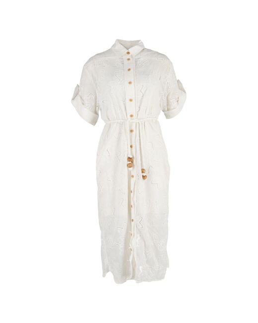 Zimmermann White Belted Broderie Midi Dress