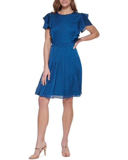 DKNY Blue Polka Dot Polyester Fit & Flare Dress