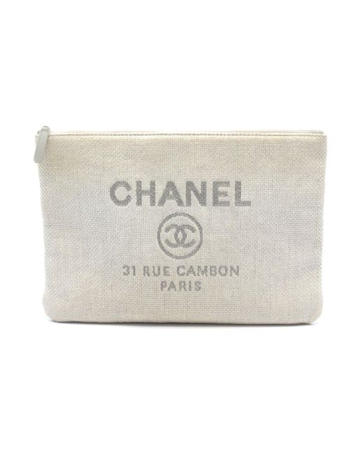 Chanel Metallic Deauville Clutch Bag Canvas Leather Light Silver Hardware