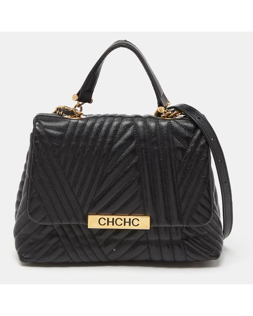 CH by Carolina Herrera Black Carolina Herrera Matelassé Leather Bimba Flap Top Handle Bag