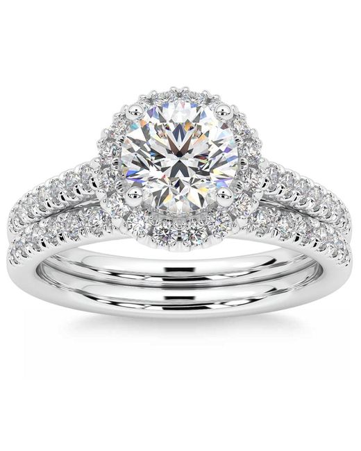 Pompeii3 Metallic 1 1/2 Ct Diamond Halo Engagement Wedding Ring Set 14k White Gold Enhanced