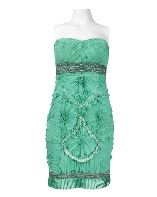 Sue Wong Green Ruched Floral Pattern Chiffon Dress