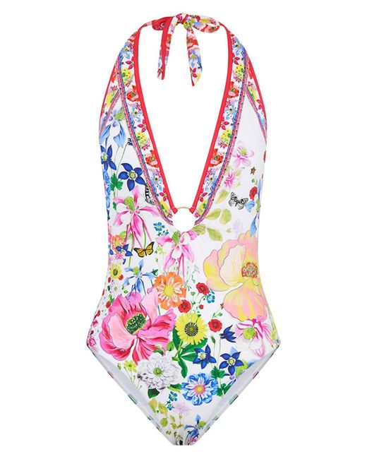 Camilla White Floral Print O-ring Plunge Neck One-piece