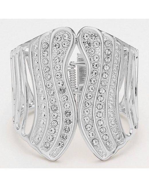 Fashnzfab Metallic Abstract Stone Paved Wavy Hinged Bangle Bracelet Clear