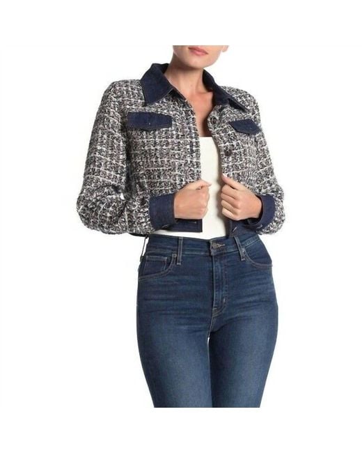 Gracia Blue Tweed Glitter Contrast Denim Crop Jacket