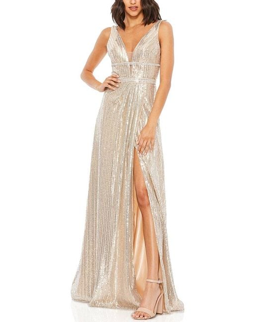 Mac Duggal Natural Metallic Sequined Plunge Neck Gown