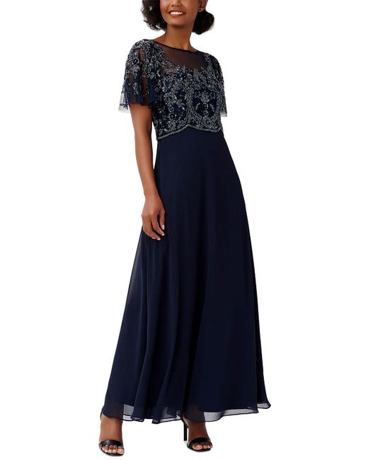 Adrianna Papell Blue Beaded Maxi Evening Dress