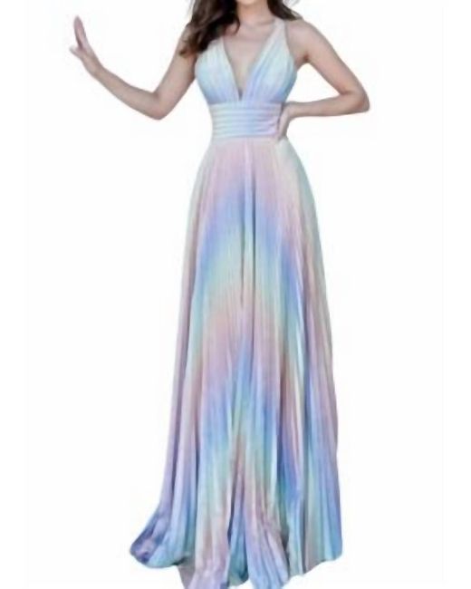 Jovani Blue Pleated V-neck Gown