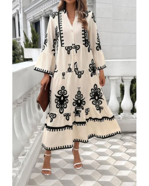 TRUEDAMES Gray V Neck Stand Collar Button Floral Splicing Dress