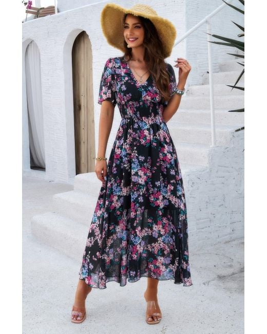 TRUEDAMES Blue Boho Floral Print High Waist Band Fit Lined Dress