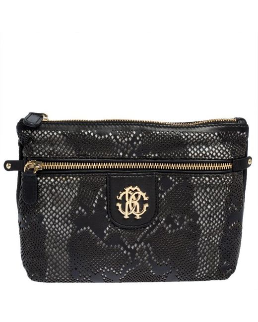 Roberto Cavalli Black Perforated Leather Pouch