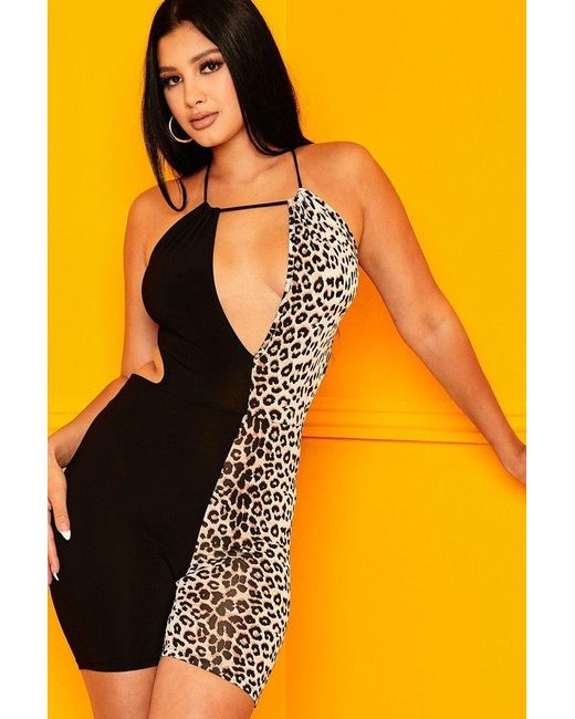 TRUEDAMES Yellow Leopard Print Contast Romper