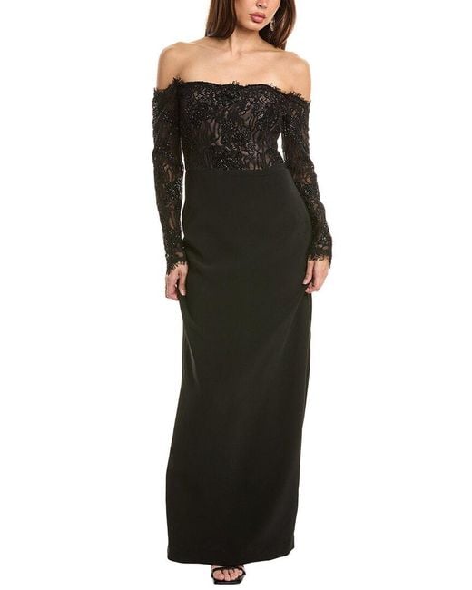 THEIA Black Beaded Lace Off-Shoulder Gown