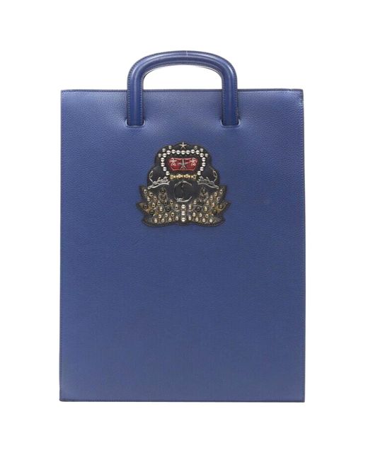 Christian Louboutin Blue Trictrac Crest Studded Leather Side Zip Portfolio Bag